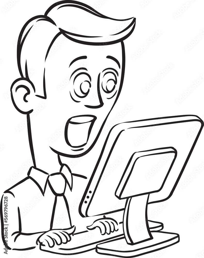 whiteboard drawing surprised businessmanand desktop computer - PNG image with transparent background
