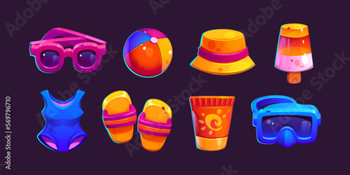 Cartoon set of summer beach accessories isolated on black background. Vector illustration of sunglasses, swimsuit, slippers, hat, ball, snorkeling mask, ice cream, spf sunscreen. Vacation game items