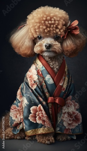 Photo Shoot of Unique Breathtaking Cultural Apparel: Elegant Poodle Dog in a Traditional Japanese Kimono with Obi Sash and Beautiful Eye-catching Patterns like Men, Women, and Kids (generative AI)
