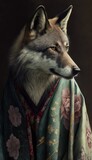 Photo Shoot of Unique Breathtaking Cultural Apparel:Elegant Wolf Animal in Traditional Japanese Kimono with Obi Sash and Beautiful Eye-catching Patterns like Men, Women, and Kids generative AI