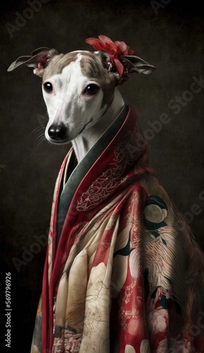 Photo Shoot of Unique Breathtaking Cultural Apparel: Elegant Whippet Dog in a Traditional Japanese Kimono with Obi Sash and Beautiful Eye-catching Patterns like Men, Women, and Kids (generative AI) © Get Stock