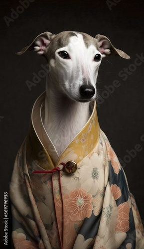 Photo Shoot of Unique Breathtaking Cultural Apparel: Elegant Whippet Dog in a Traditional Japanese Kimono with Obi Sash and Beautiful Eye-catching Patterns like Men, Women, and Kids (generative AI) © Get Stock