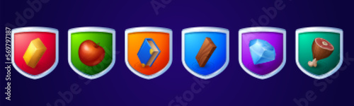 Game badges with resources icons. Shield emblems in silver frame with wood board, diamond, gold ingot, book, meat and apple, vector cartoon set isolated on background