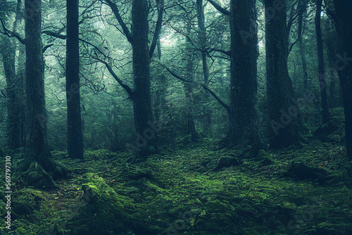 Wallpaper of a beautiful forest landscape. Generative ai © Julian