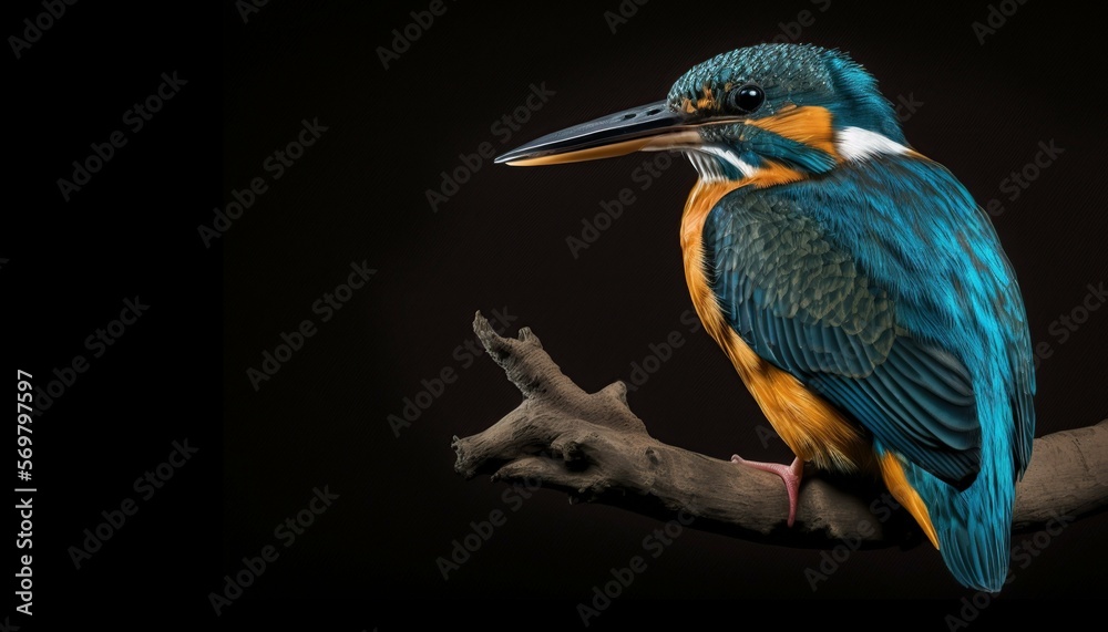 Fototapeta premium Common kingfishe, Green bird black background, Generative AI