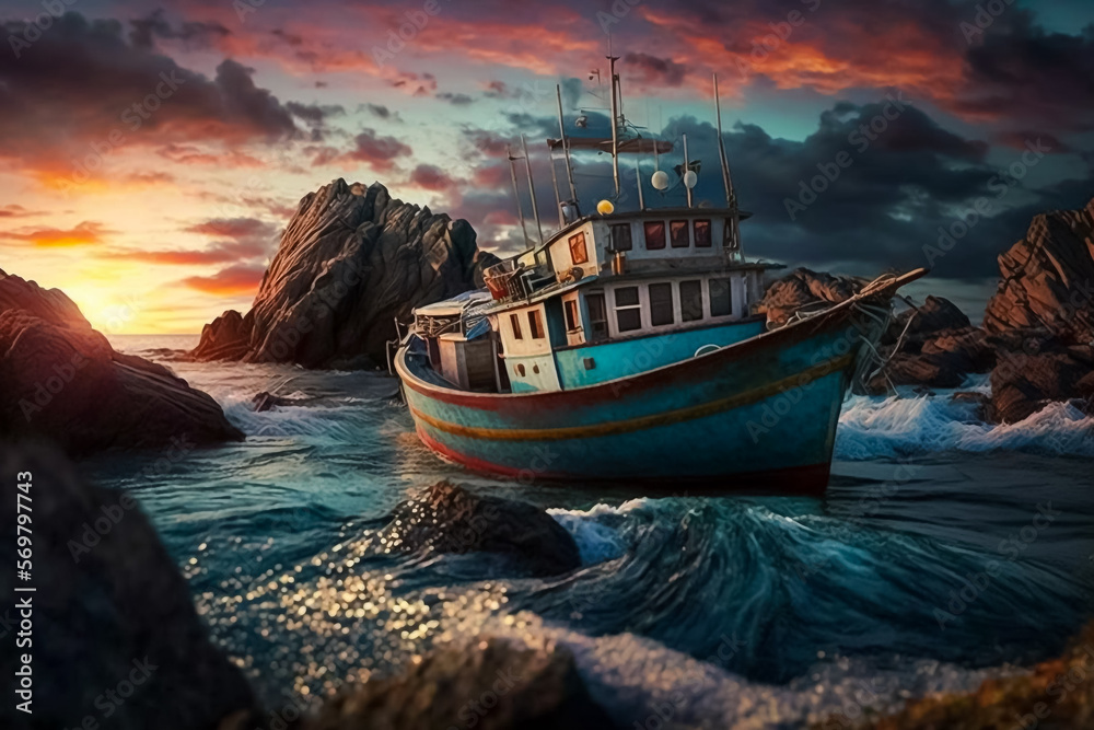 Illustration of retro colorful fishing boat at the sea shore under evening light, AI-generated image.
