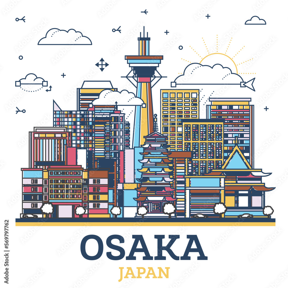 Fototapeta premium Outline Osaka Japan City Skyline with Modern Colored Buildings Isolated on White. Osaka Cityscape with Landmarks.