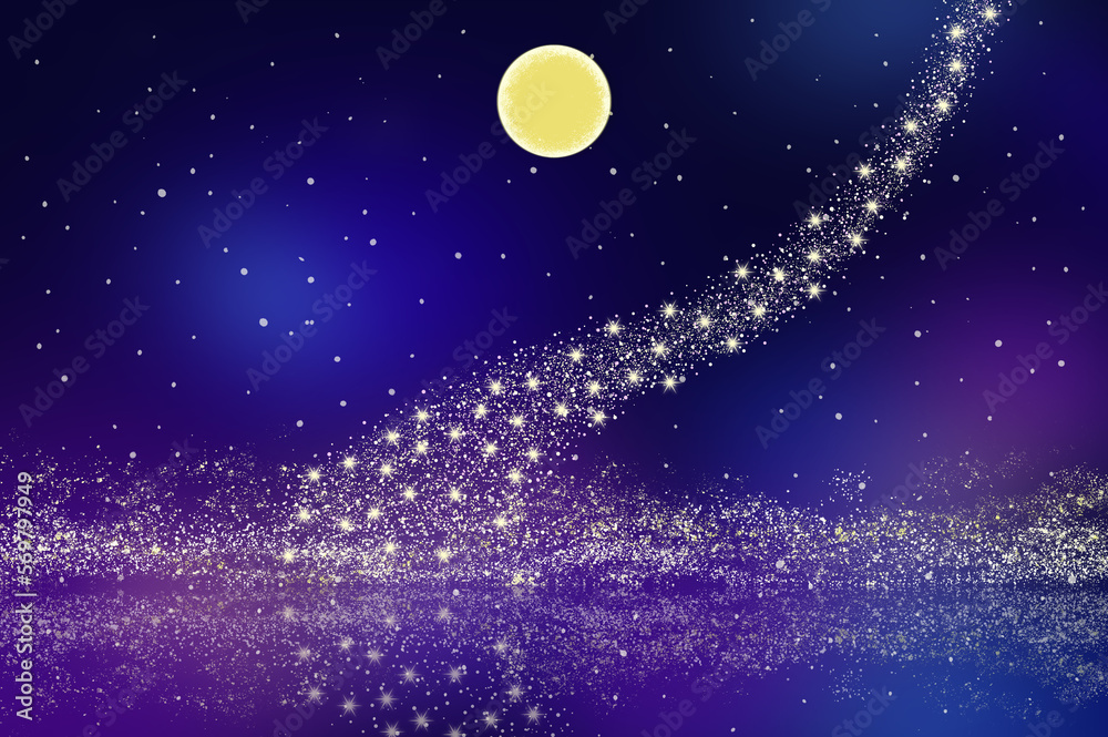 Φωτογραφία 満月と天の川が湖面に反射する星空の背景イラスト