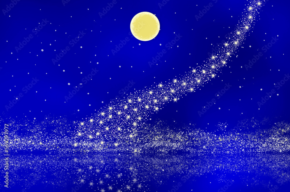 Φωτογραφία 満月と天の川が湖面に反射する星空の背景イラスト