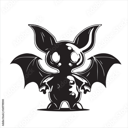 Crazy bat figure. Good for tattoo. Editable vector monochrome image with high details isolated on white background