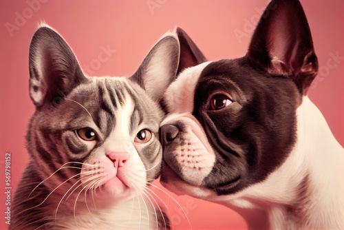 Close up couple dog and cat on pink background. Ai generated