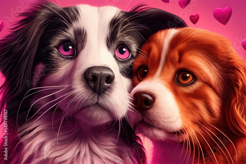 Close up couple dog on pink background. Ai generated