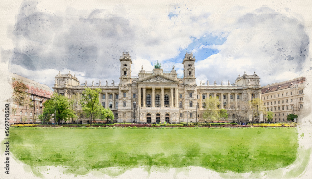 Hungarian Museum of Ethnography in Budapest, Hungary in watercolor illustration style. 