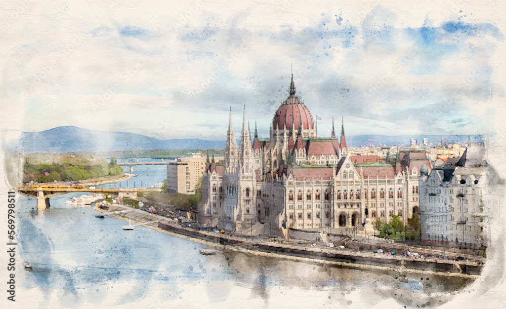 Fototapeta premium Hungarian Parliament building in Budapest, Hungary in watercolor illustration style. 