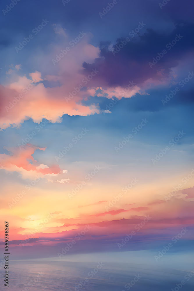 茜色の空と雲　背景素材　イラスト　水彩
