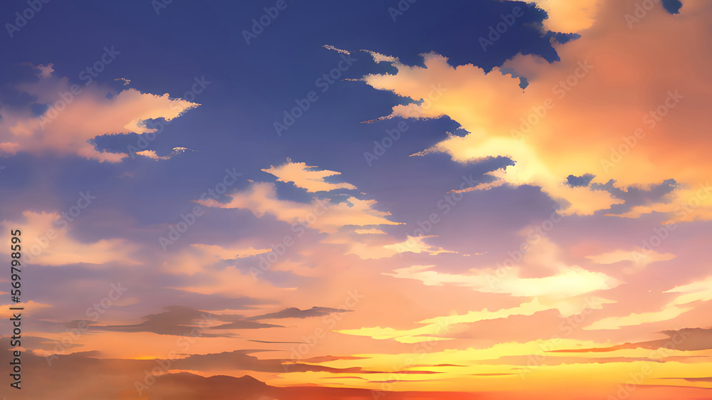 Obraz premium 茜色の空と雲 背景素材 イラスト 水彩