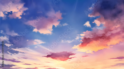 茜色の空と雲　背景素材　イラスト　水彩 © Rummy & Rummy