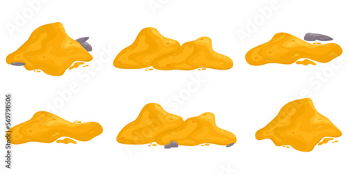 Pile of sand set isolated on white background in cartoon style. Sand pile powder for the beach and children's games. Cartoon vector illustration. Grit hills of yellow gold color