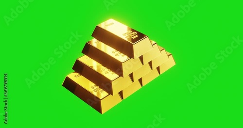 Pyramid of gold bars animation rotating over green screen