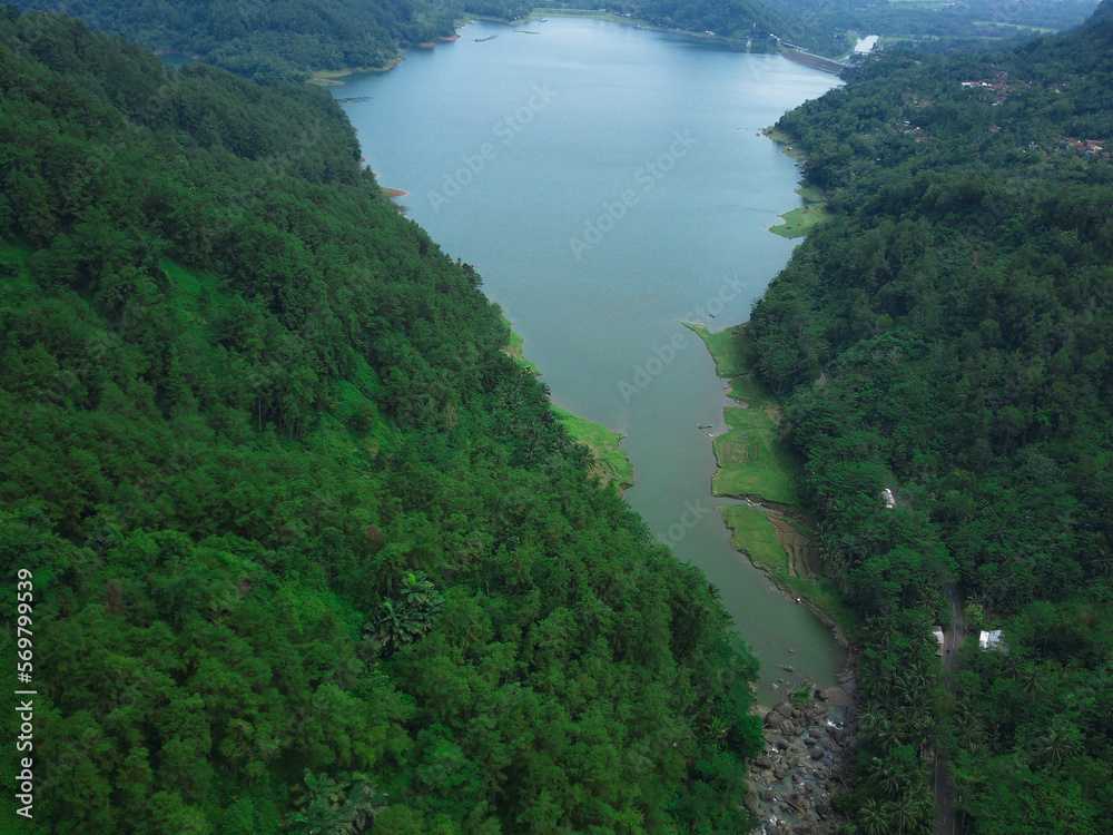 Stunning aerial image of Sempor dam, Kebumen, central java, Indonesia. Aerial and Drone Photography of beautiful scenery.