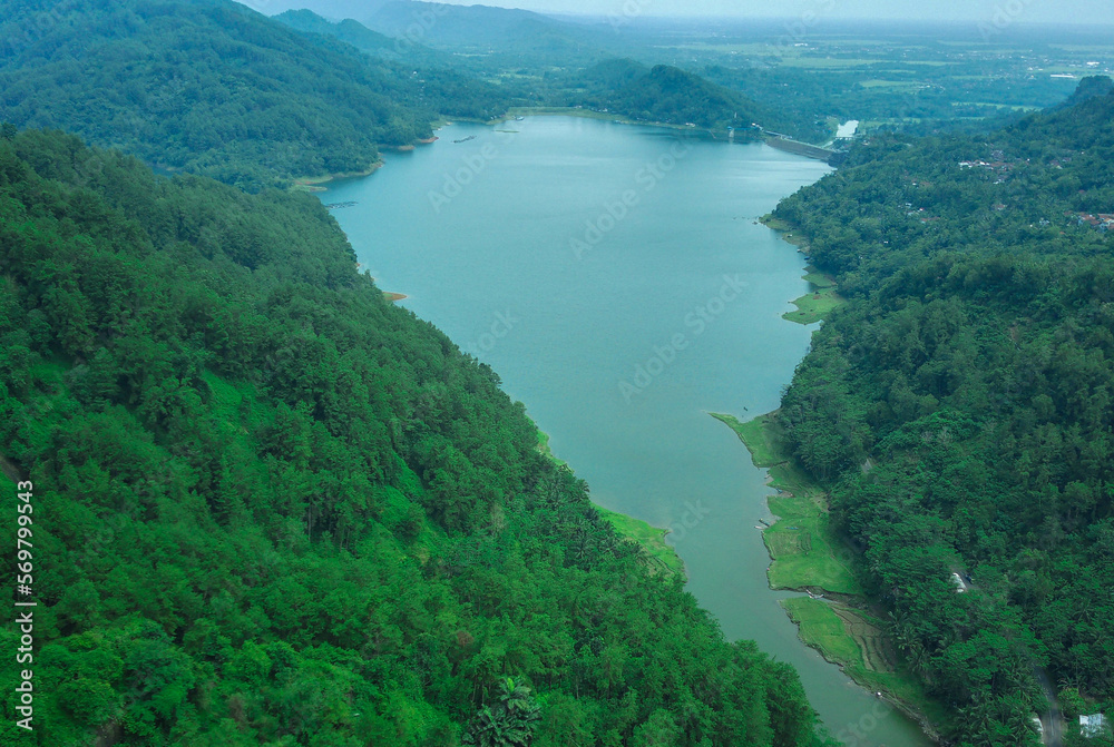 Stunning aerial image of Sempor dam, Kebumen, central java, Indonesia. Aerial and Drone Photography of beautiful scenery.