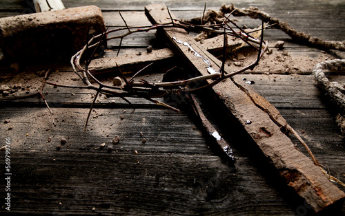 Wallpaper Mural Crucifixion At Sunset - Cross With Crown Of Thorns Hammer And Bloody Nails Torontodigital.ca
