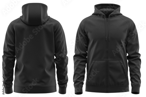 Hoodie raglan sleeve full zipper with kangaroo pocket men's, 3d rendering, Black