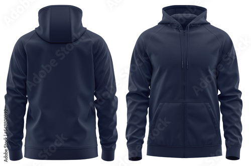 Hoodie raglan sleeve full zipper with kangaroo pocket men's, 3d rendering, Navy