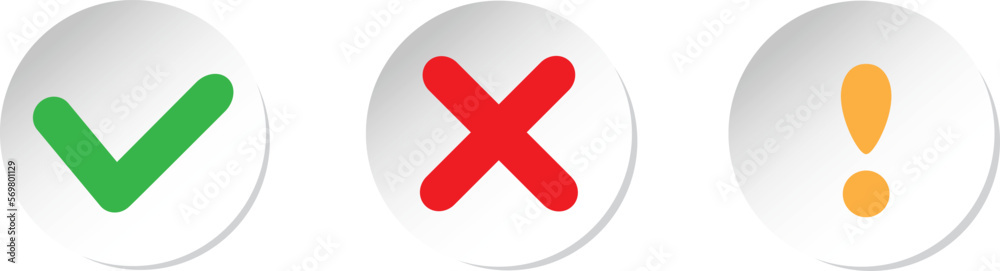 Obraz premium Set of white cross & check mark icons, flat round buttons. Vector EPS10