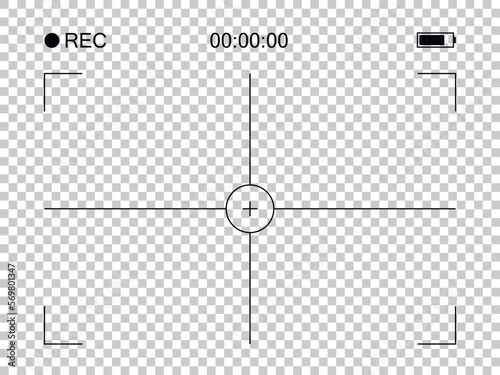 Photo camera frame cross viewfinder template. Vector illustration with rec, time, battery