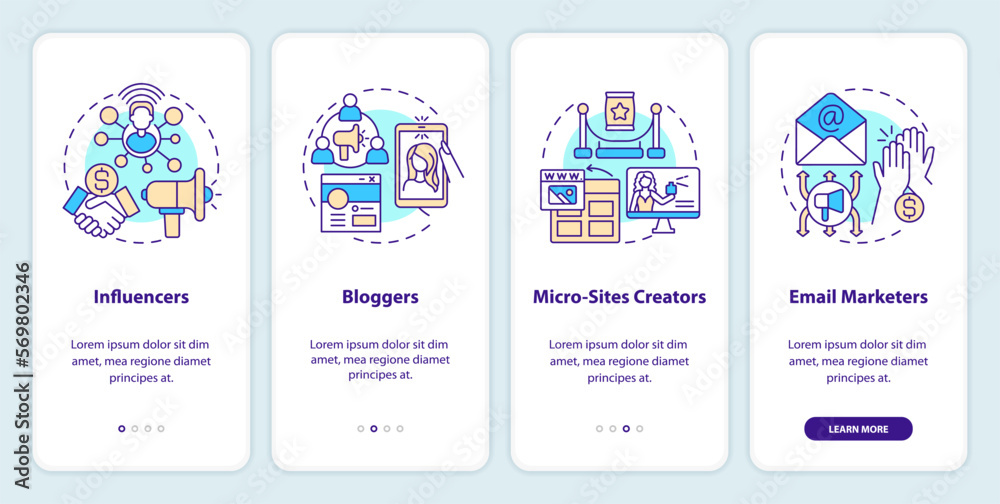 Affiliate marketers types onboarding mobile app screen. Internet sales walkthrough 4 steps editable graphic instructions with linear concepts. UI, UX, GUI template. Myriad Pro-Bold, Regular fonts used
