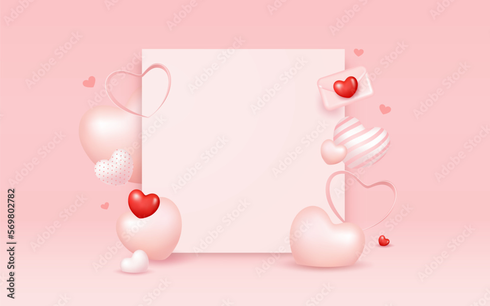 Happy Valentine's day, with colorful balloons heart collections, white paper space banner design on pink background, EPS10 Vector illustration.
