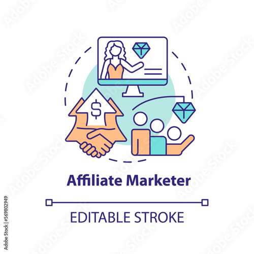 Affiliate marketer concept icon. Influencer impact. Party in performance marketing abstract idea thin line illustration. Isolated outline drawing. Editable stroke. Arial, Myriad Pro-Bold fonts used