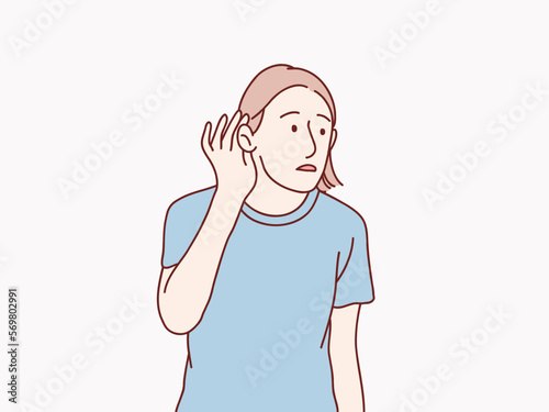 Woman with hand over ear listening an hearing to rumor or gossip simple korean style illustration