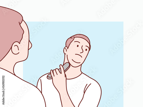 Man shaving his face and looking on mirror simple korean style illustration