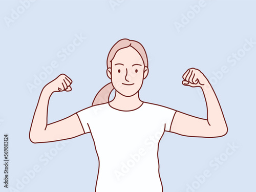 Smiling woman raising arm showing muscles stong pose simple korean style illustration