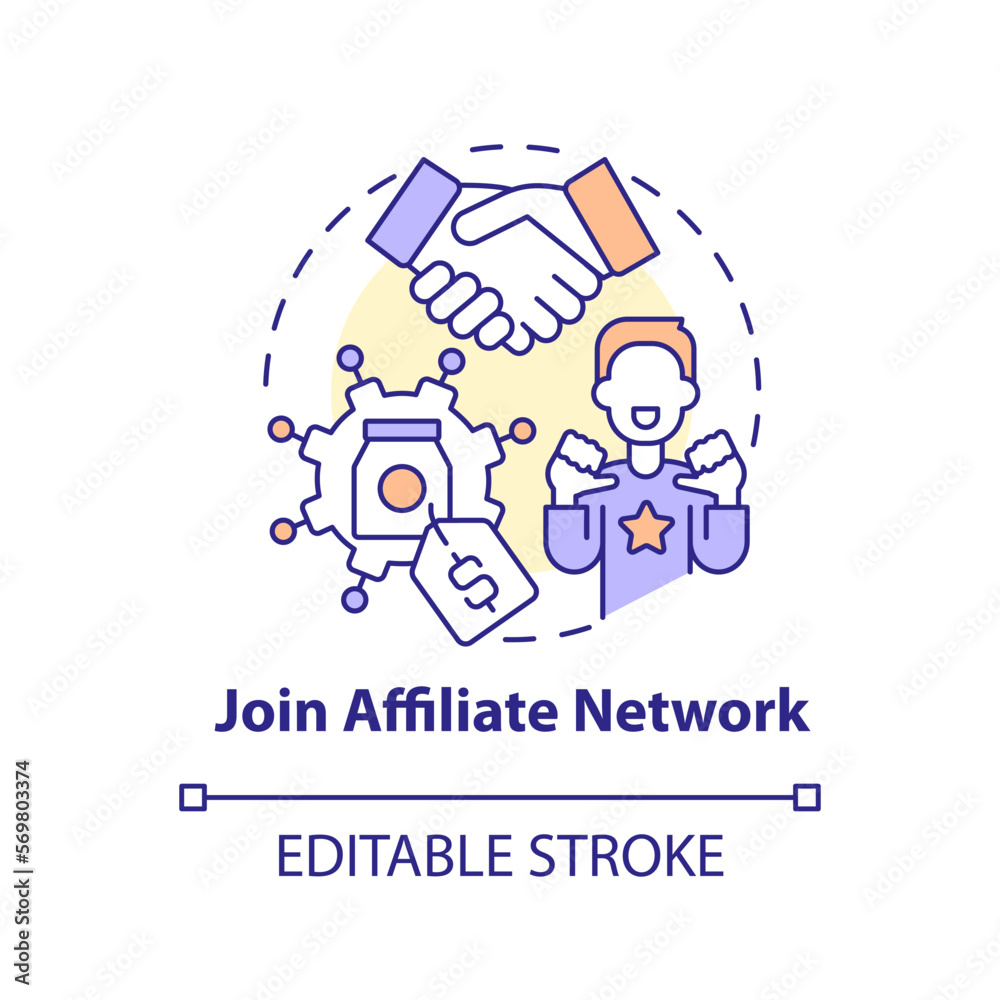 Join affiliate network concept icon. Cooperation with partners. Become merchant abstract idea thin line illustration. Isolated outline drawing. Editable stroke. Arial, Myriad Pro-Bold fonts used