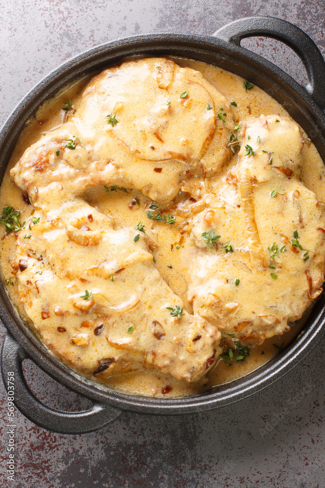 Creamy smothered pork chops seared and cooked in a rich onion gravy closeup on the pan on the table. Vertical top view from above Creamy smothered pork chops seared and cooked in a rich onion gravy closeup on the pan on the table. Vertical top view from above