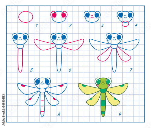 How to Draw Insect, Step by Step Lesson for Kids, Cute Dragonfly Coloring Page