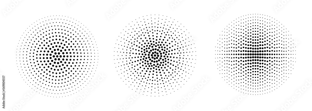 Halftone dotted gradient circle. Half tone effect circular dotted background. Point round texture shape. Vector illustration isolated on the white background.