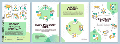 Become affiliate merchant green gradient brochure template. Marketing. Leaflet design with linear icons. 4 vector layouts for presentation, annual reports. Arial-Bold, Myriad Pro-Regular fonts used
