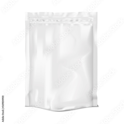 Square blank white retort stand-up pouch with zip lock realistic vector mockup. Flexible plastic bag mock-up. Food product zipper package. Template for design