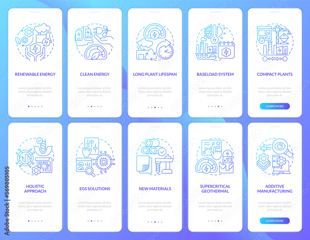 Geothermal power blue gradient onboarding mobile app screen set. Advantages walkthrough 5 steps graphic instructions with linear concepts. UI, UX, GUI template. Myriad Pro-Bold, Regular fonts used