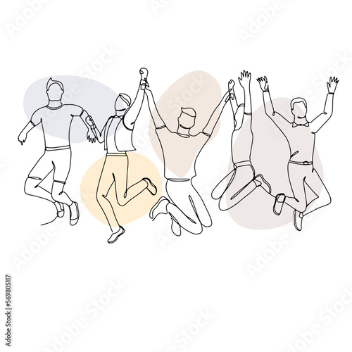 Single line drawing of jumping men with pastel abstract shapes. Linear hand drawn doodle on white background