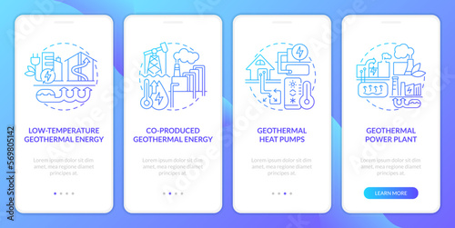 Types of geothermal energy blue gradient onboarding mobile app screen. Walkthrough 5 steps graphic instructions with linear concepts. UI, UX, GUI template. Myriad Pro-Bold, Regular fonts used