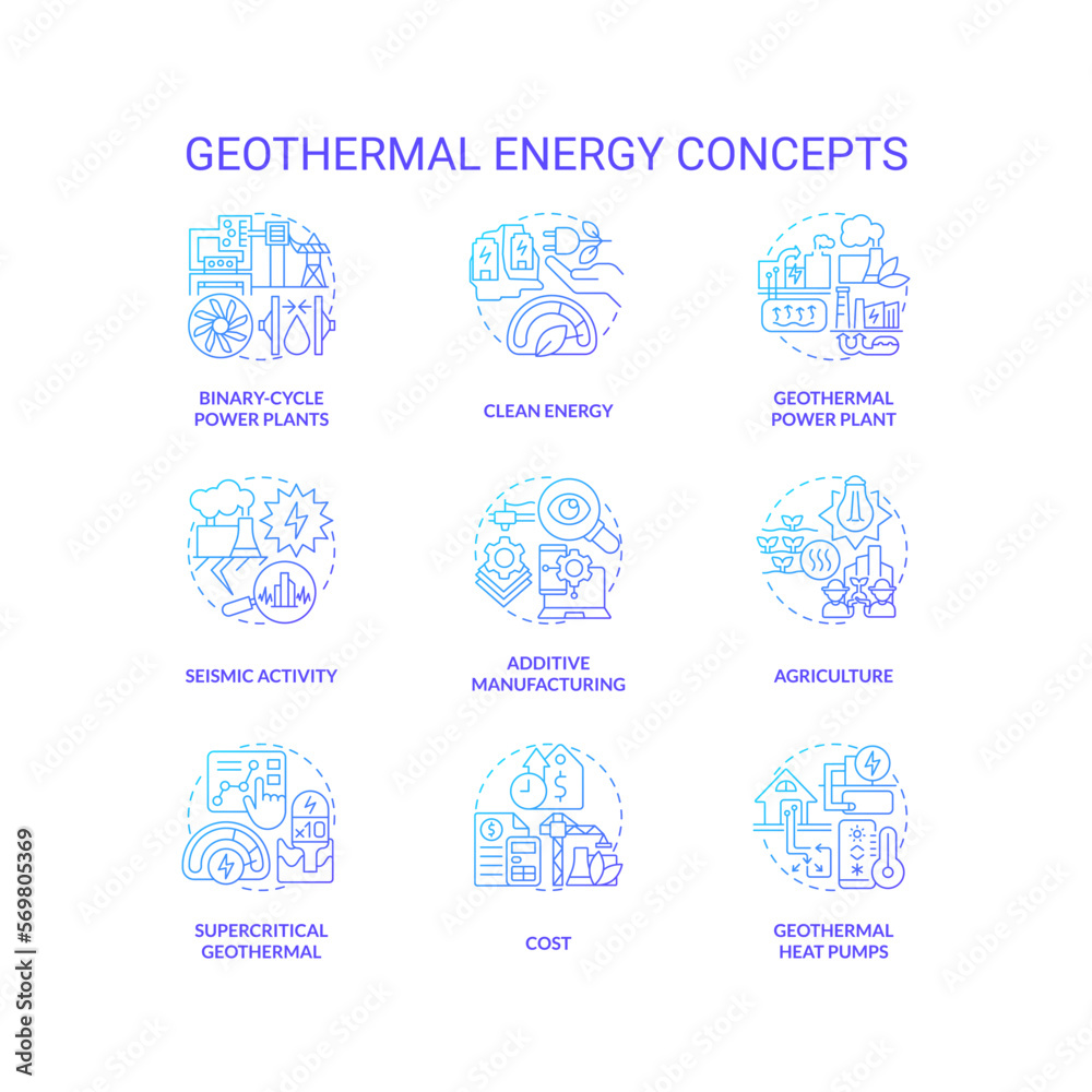 Geothermal energy blue gradient concept icons set. Power station ...