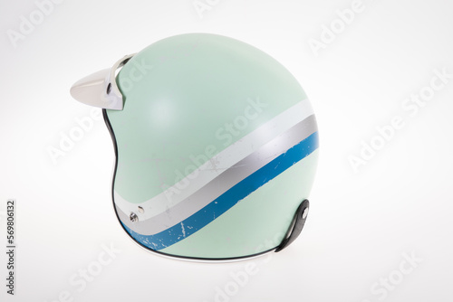 blue vintage motorcycle helmet neo retro style open face isolated on white background photo