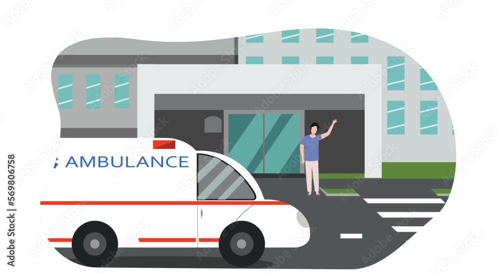 Person calling Ambulance and gesture ambulance for rising hand to draw attention of ambulance driver. Alert an ambulance and indicating location rising hand for emergency services to find location.