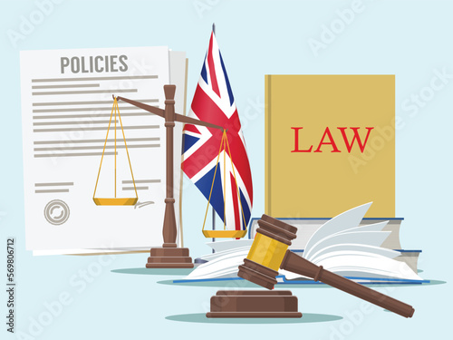 Law and policy of UK law and legislation with polies and court hammer. Company policies, rules and regulation document. Justice and law symbol with balance law and policy of company, UK and USA court.