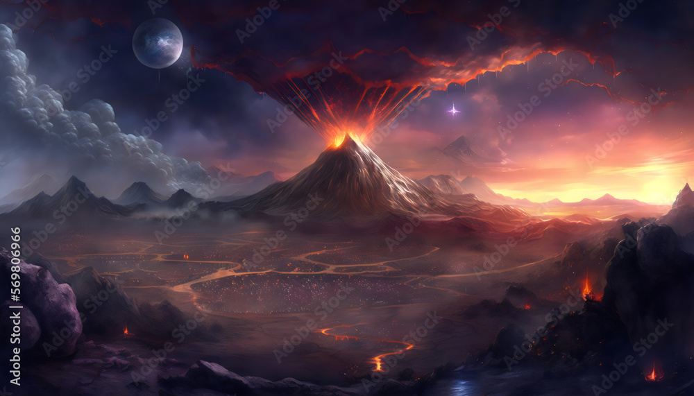 Fototapeta premium fantasy landscape with active volcano created with generative ai